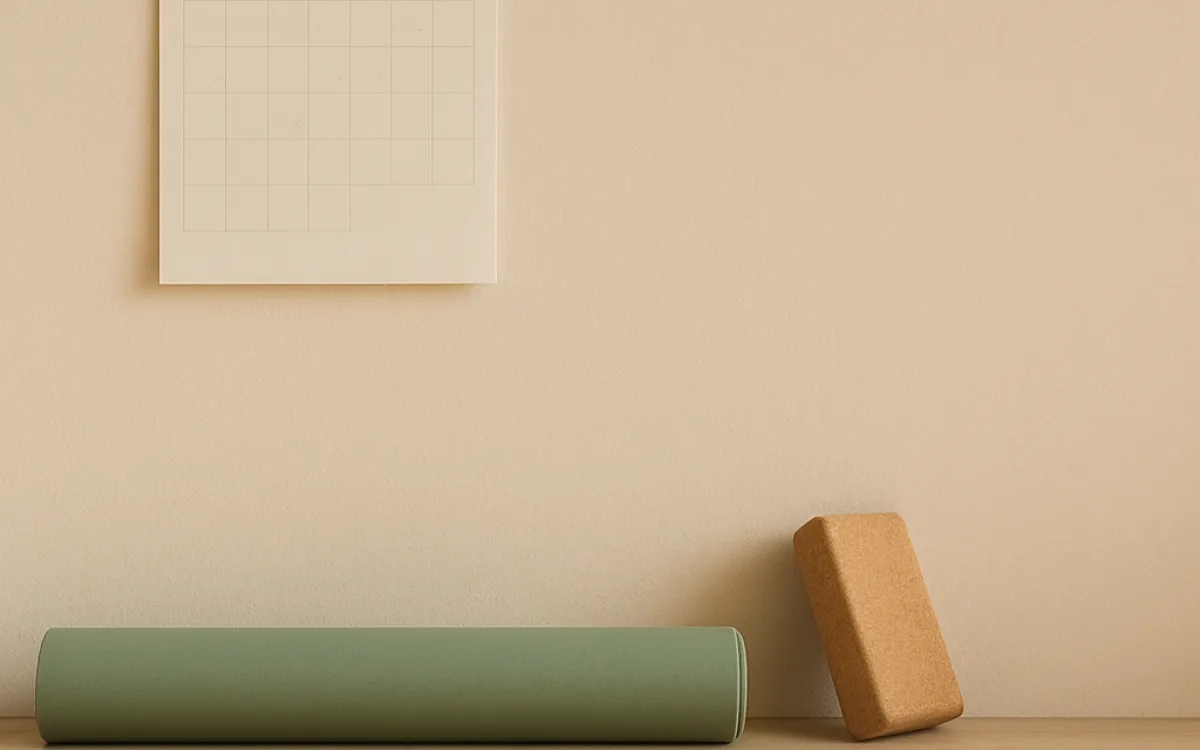 A wall calendar beside a mat with practice days marked off