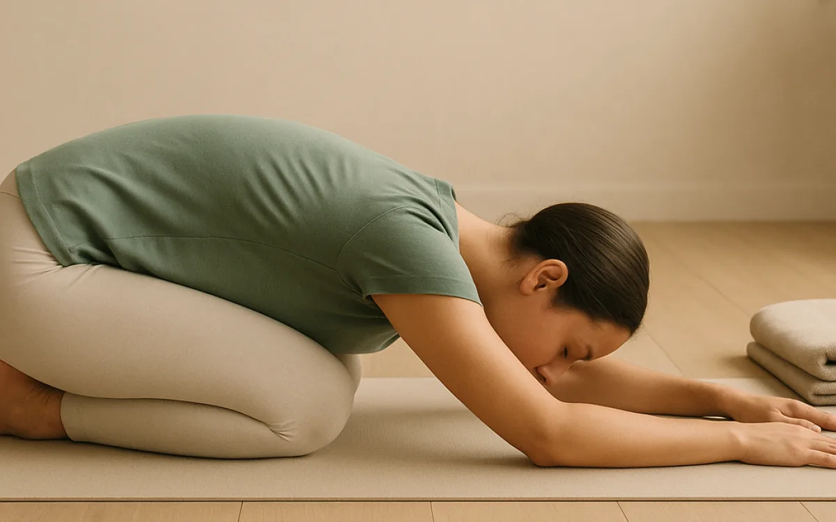 A beginner in child pose on a plain mat with arms extended forward