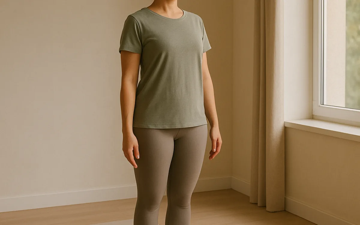 A person standing in a simple mountain pose beside a window, breathing calmly
