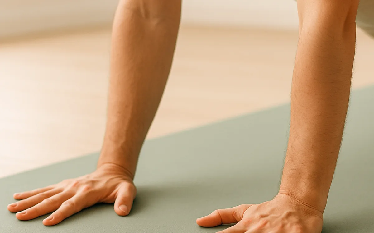 A close view of hands spread wide on a mat, showing wrist placement