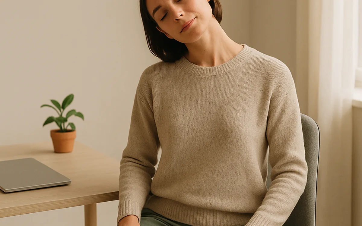 A seated neck stretch done in an office chair at a desk