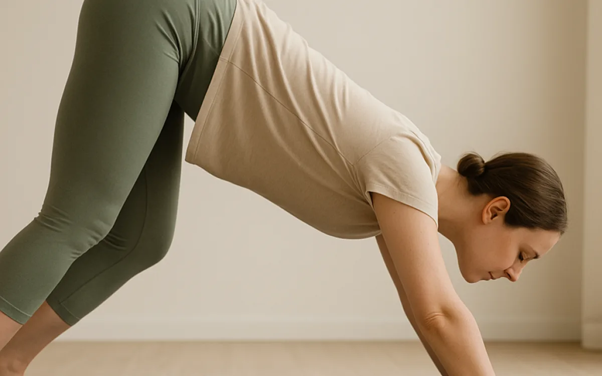 Downward dog with bent knees and heels lifted, the beginner-friendly version