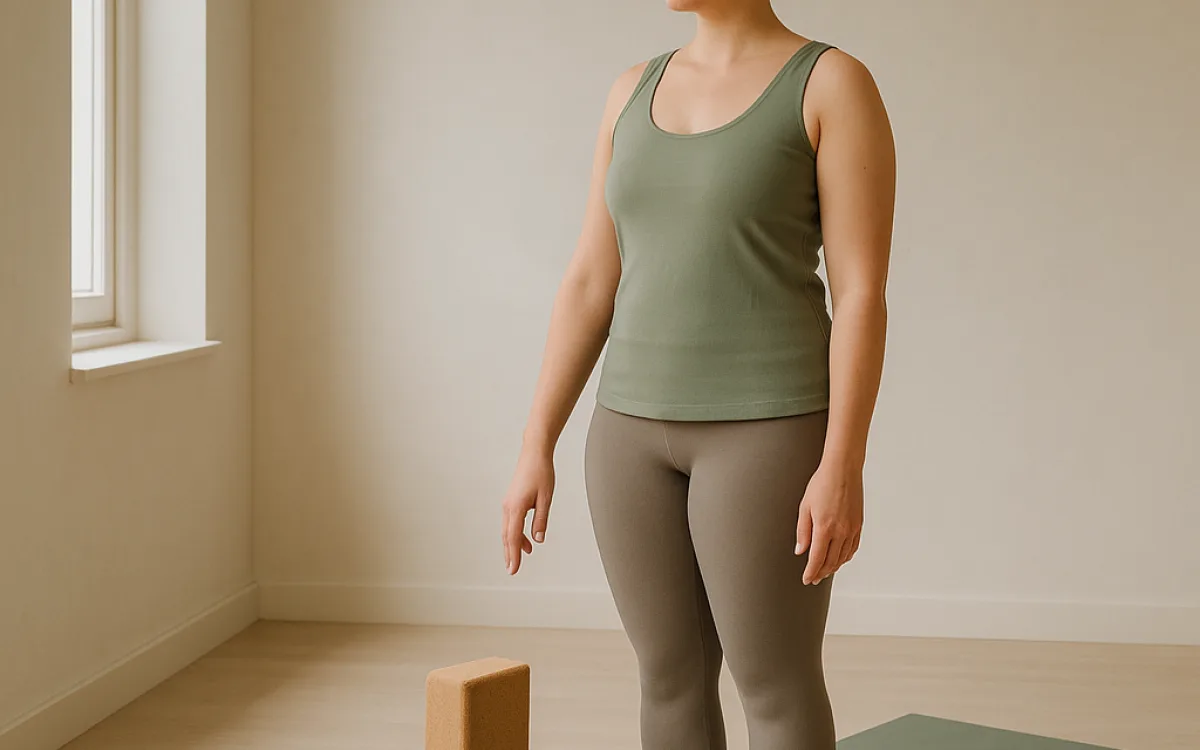 A slow, held standing pose in a quiet studio