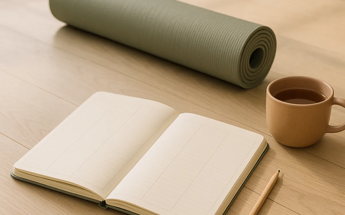 A weekly planner beside a rolled mat marking short practice sessions