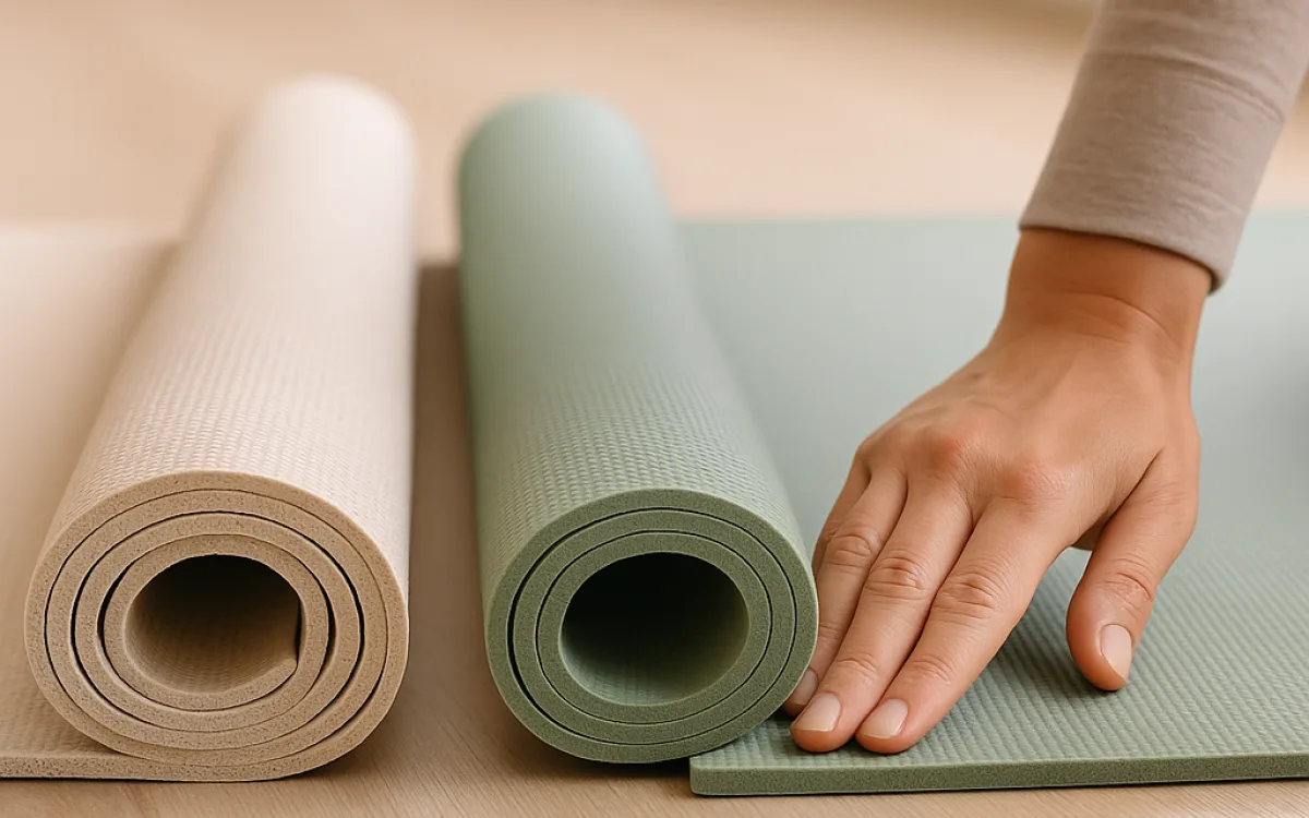 Two yoga mats of different thickness with a hand testing the surface grip