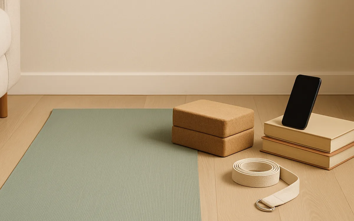 A small cleared corner of a living room set up with a mat and two blocks