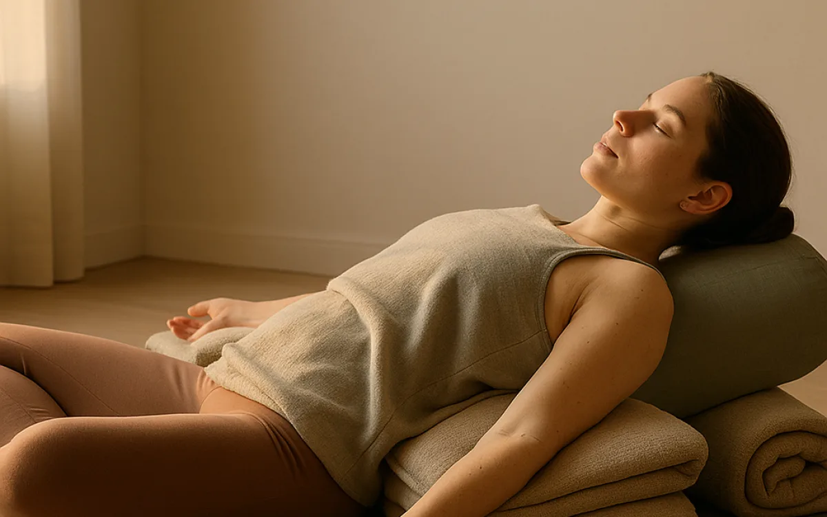 A fully supported reclining pose with a bolster and blankets