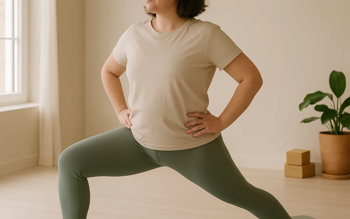 Warrior II with a short stance and hands on the hips