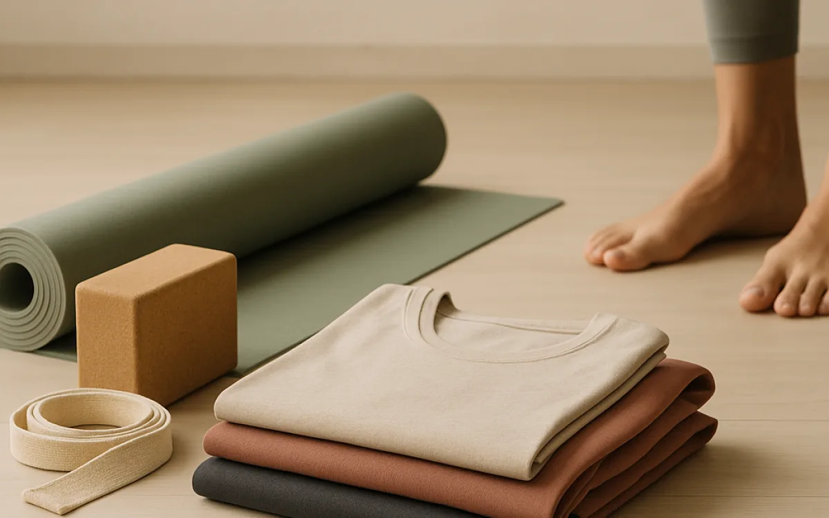 Simple yoga clothing folded beside a mat with bare feet on the floor