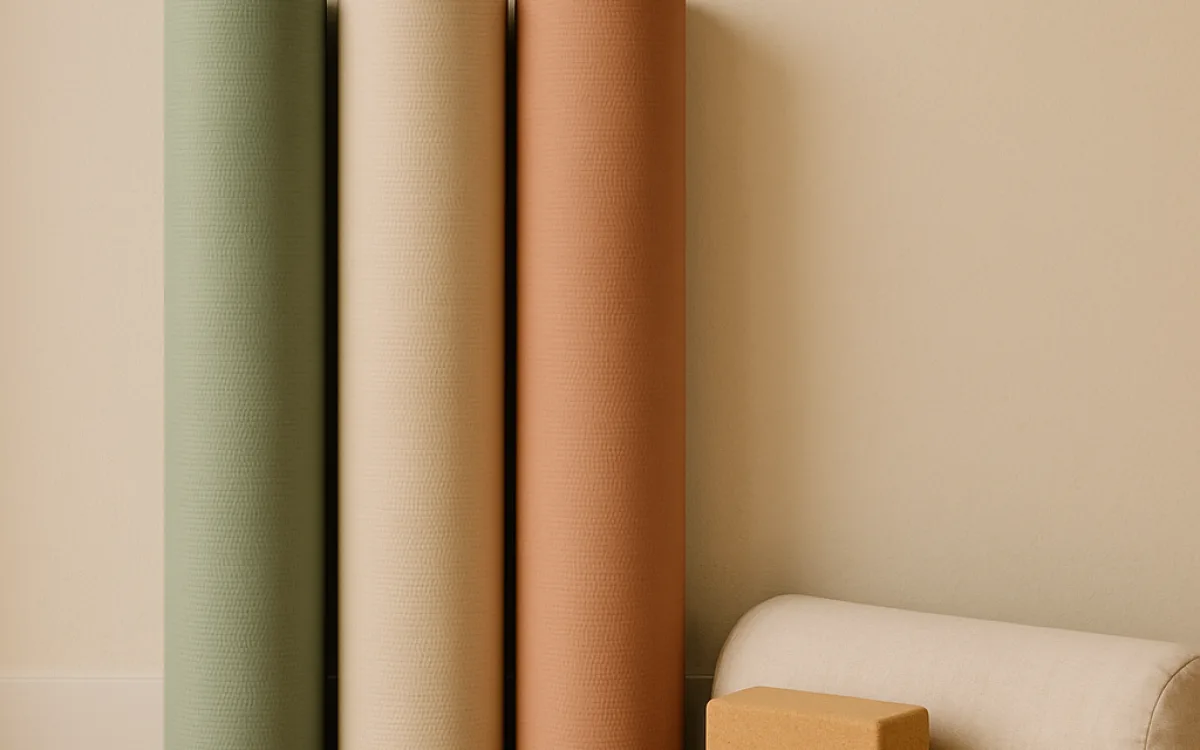 Three rolled mats of different colours side by side on a wooden floor