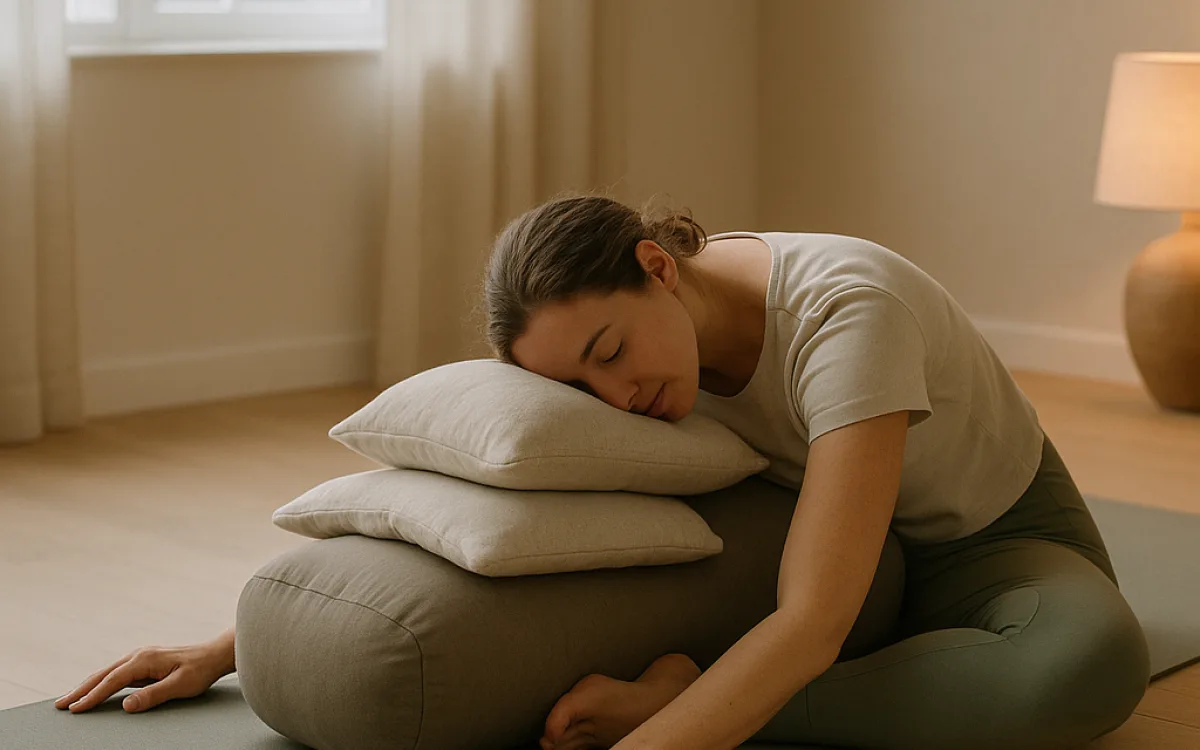 A long-held butterfly pose supported by cushions