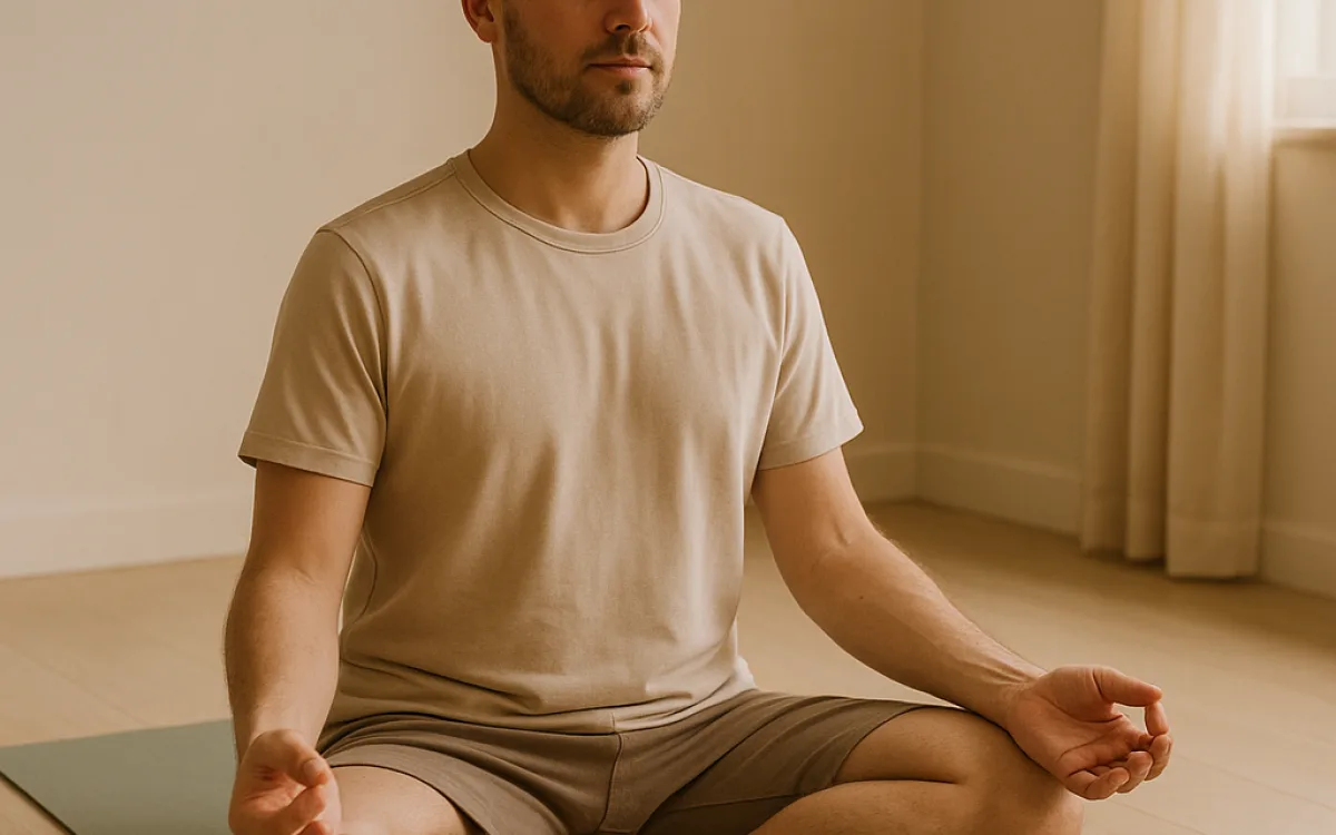 A beginner sitting cross-legged on a mat at home with hands resting on the knees
