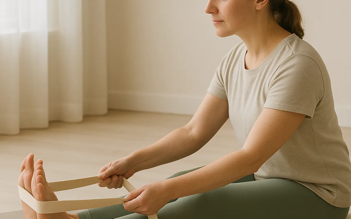 A seated forward bend using a strap around the feet