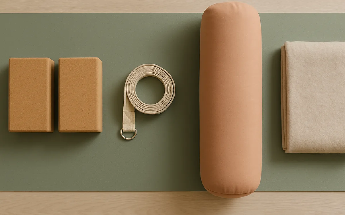 Cork blocks, a strap, a bolster and a folded blanket arranged on a mat