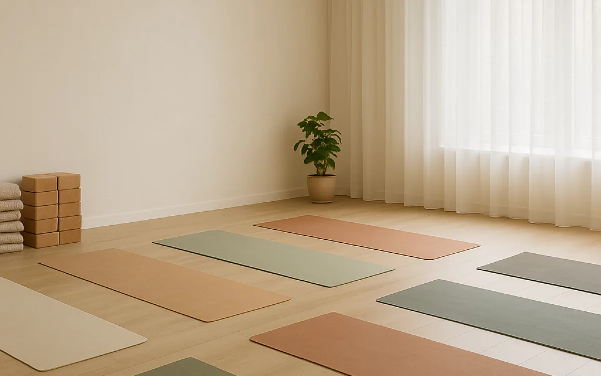 Mats spaced out in a bright studio before a beginner class starts
